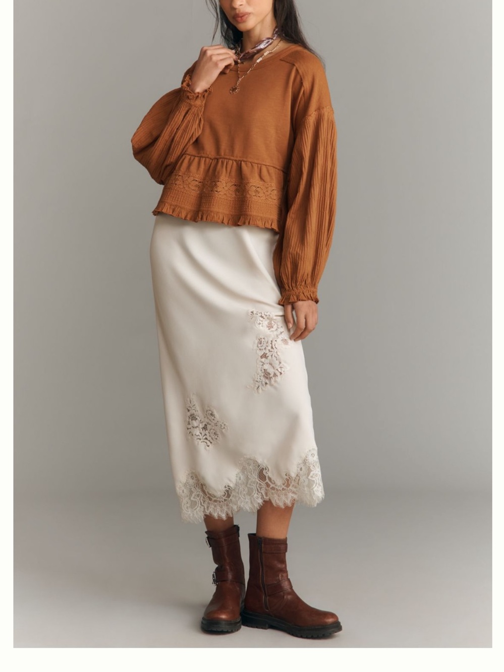🟤NWT PILCRO by ANTHROPOLOGIE Long-Sleeve Ruffle Crop Babydoll Top in Pecan XL - Picture 4 of 6